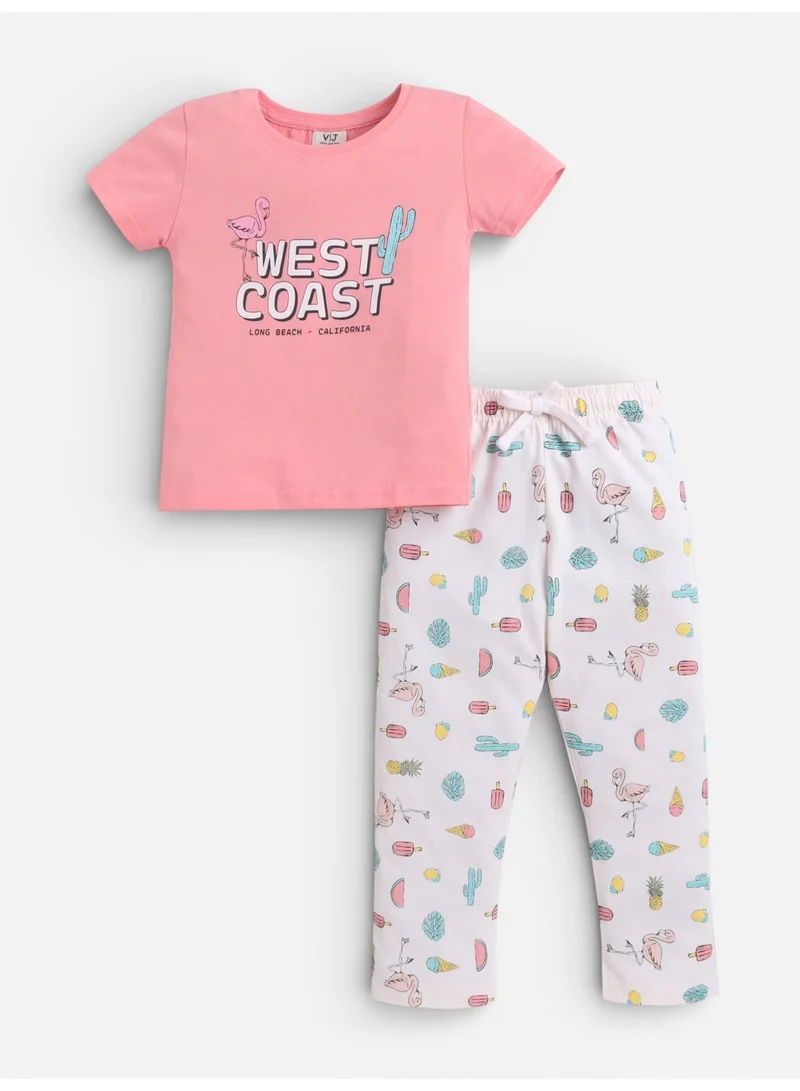 فكتور اند جين Girls West Coast Print Cotton Pajama Set – T-Shirt & Full Pants Nightwear